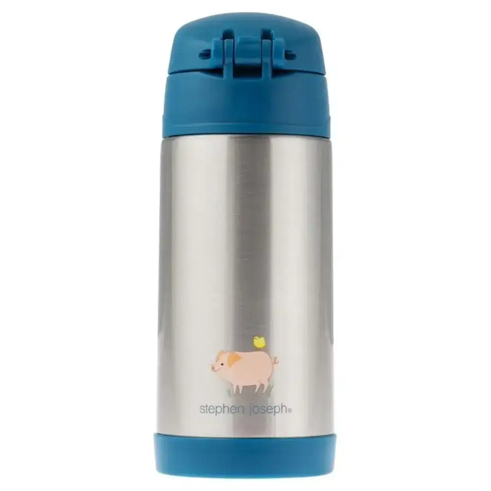 Stainless steel thermos with blue lid and base, featuring a pig illustration and 'Stephen Joseph' branding.