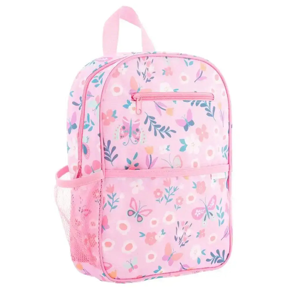 Pink backpack with floral pattern on a white background