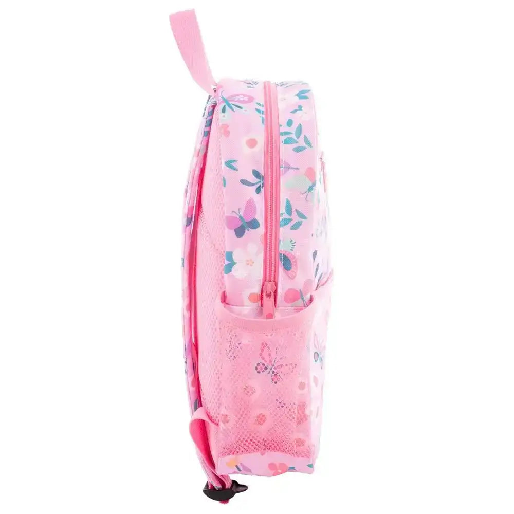 Pink drawstring bag with butterfly design on a white background