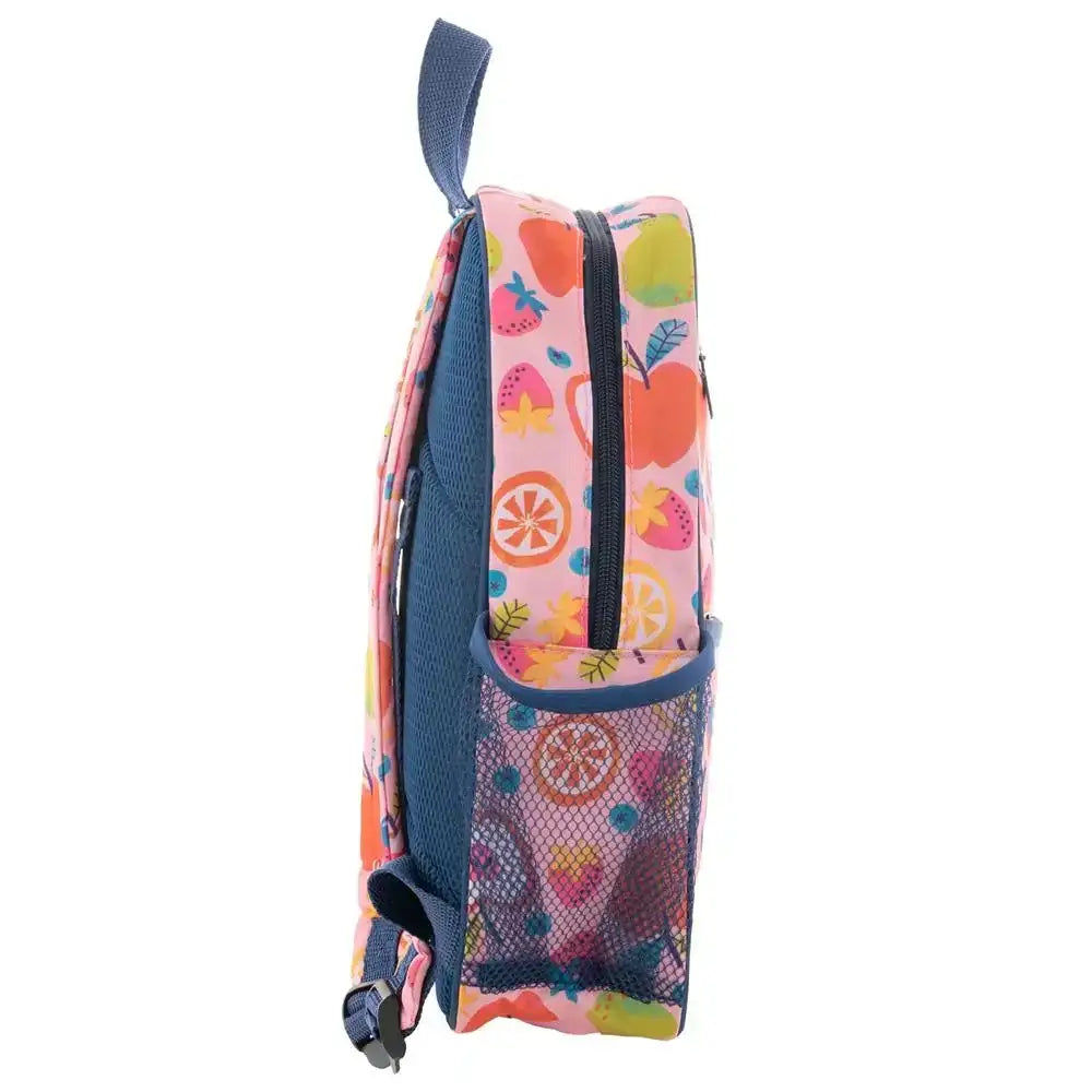 Colorful backpack with fruit pattern on a white background