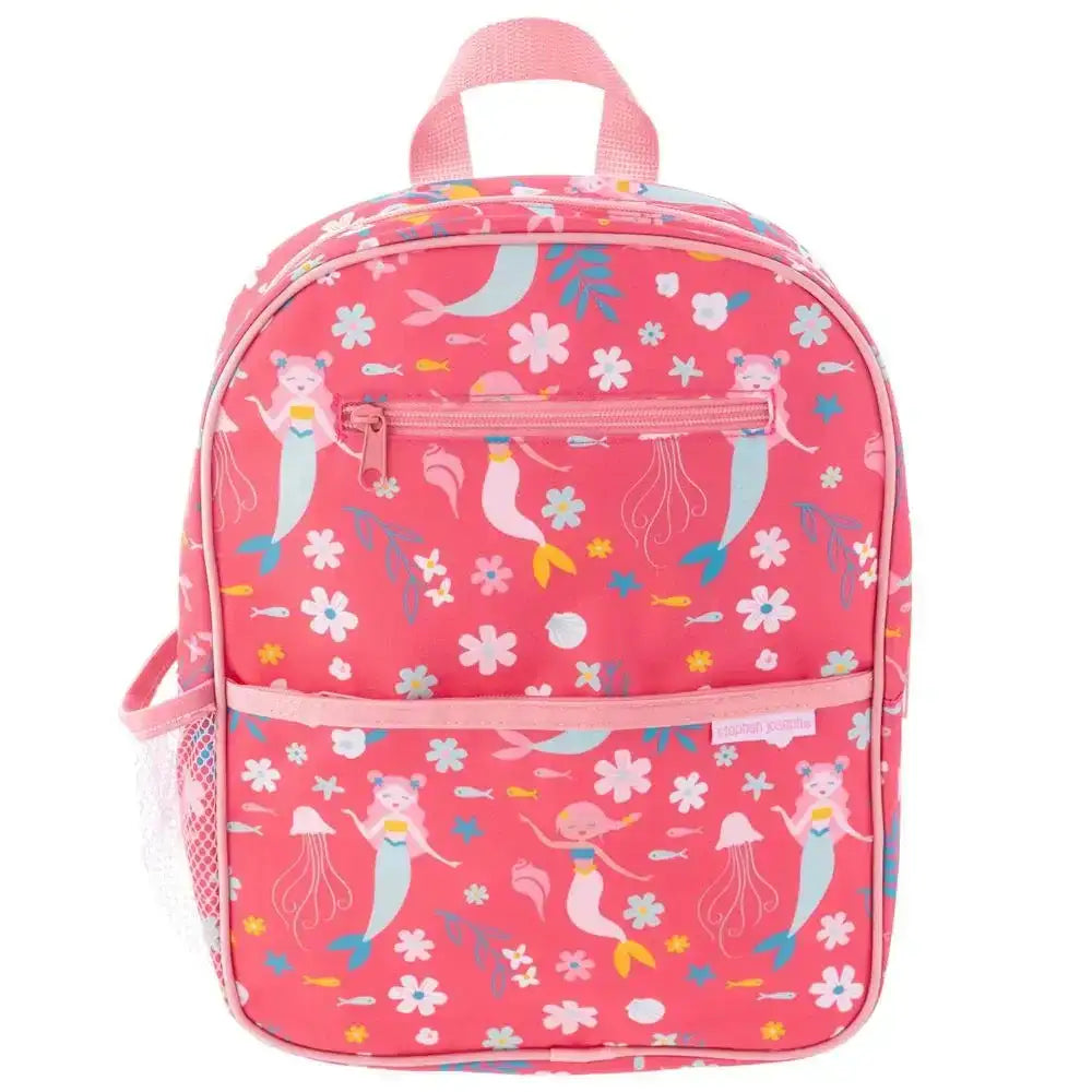 Pink backpack with mermaid and flower pattern on a white background