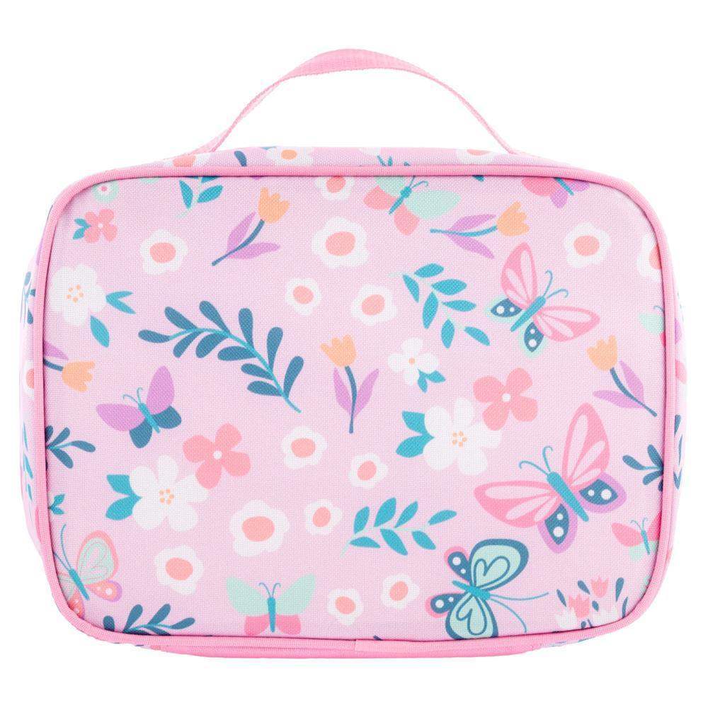 Pink rectangular pouch with butterfly and floral pattern on a white background