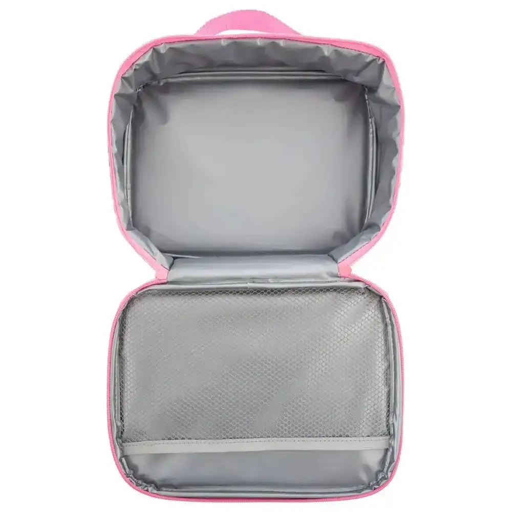 Gray insulated lunch bag with pink trim on a white background