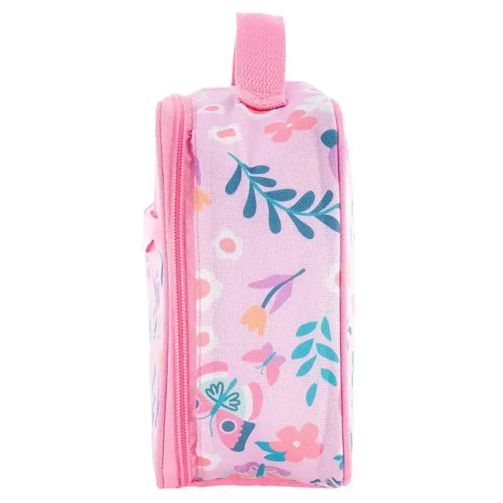 Floral-patterned pouch with a pink zipper on a white background