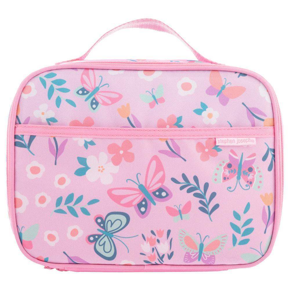 Pink lunch bag with butterfly and floral pattern on a white background