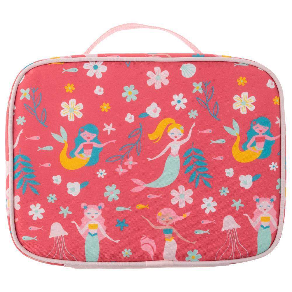 Pink lunch bag with mermaid and floral pattern on a white background