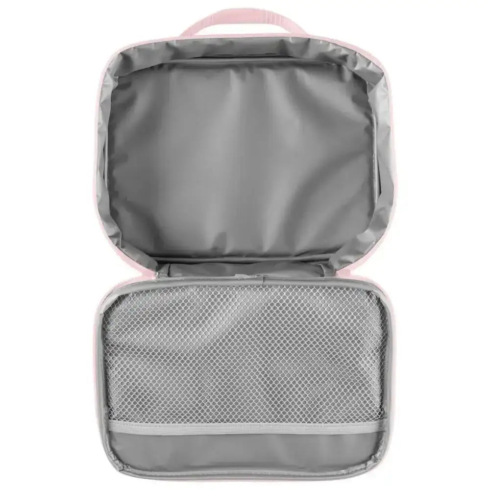Gray travel organizer with mesh pocket on a white background