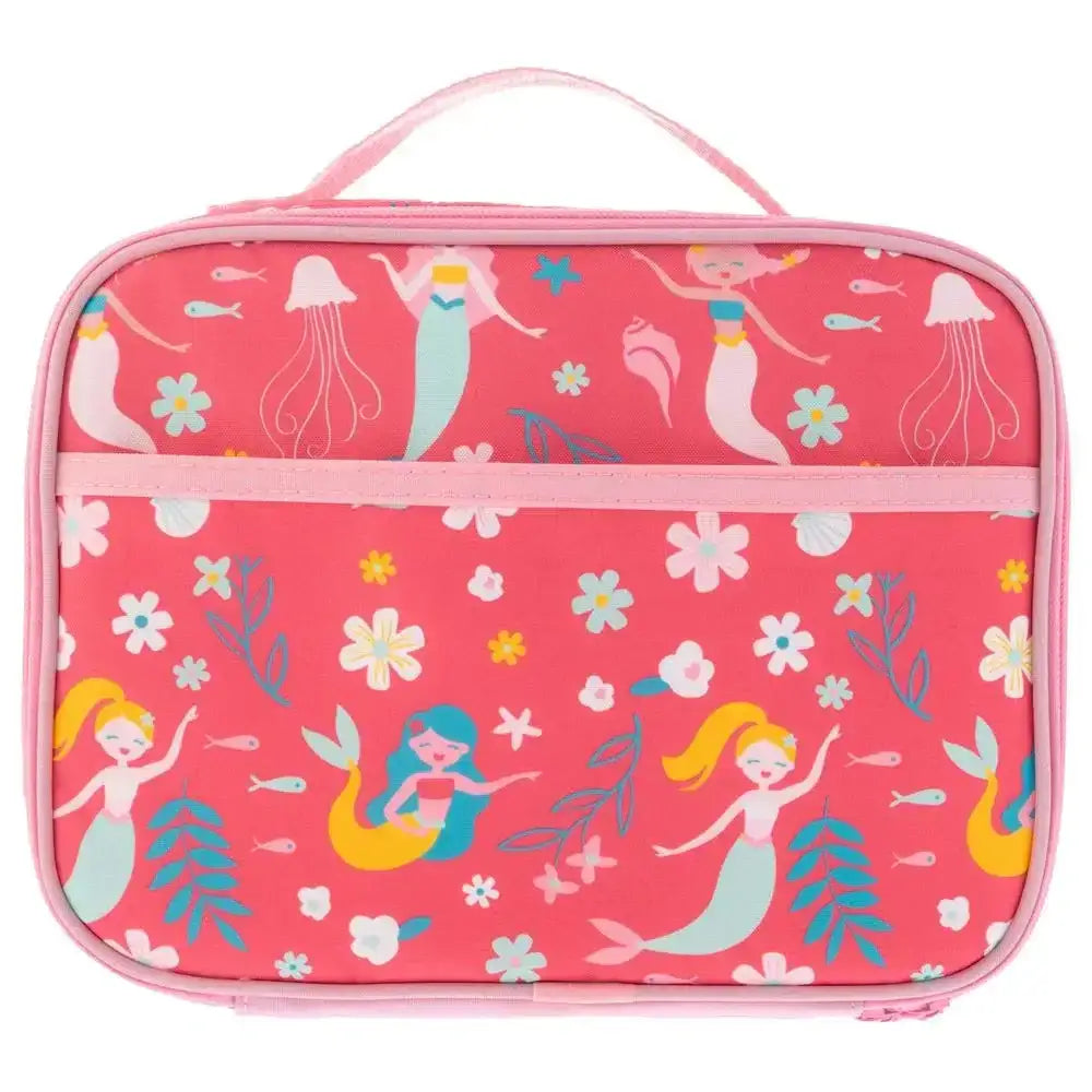 Pink lunch bag with mermaid pattern on a white background