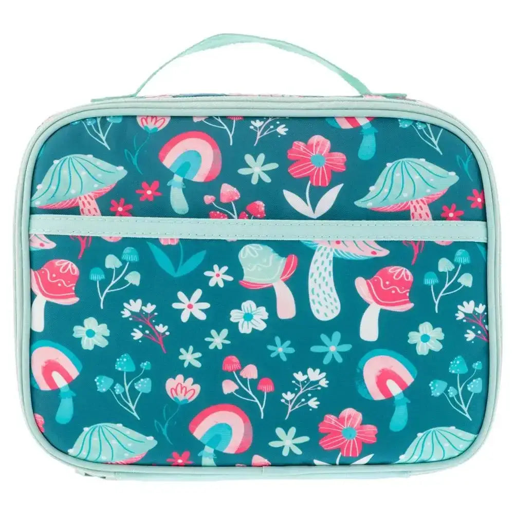 Colorful floral and mushroom patterned lunch bag on a white background