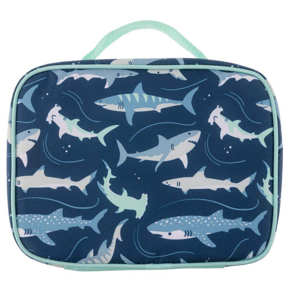 Rectangular lunch bag with shark pattern on a blue background