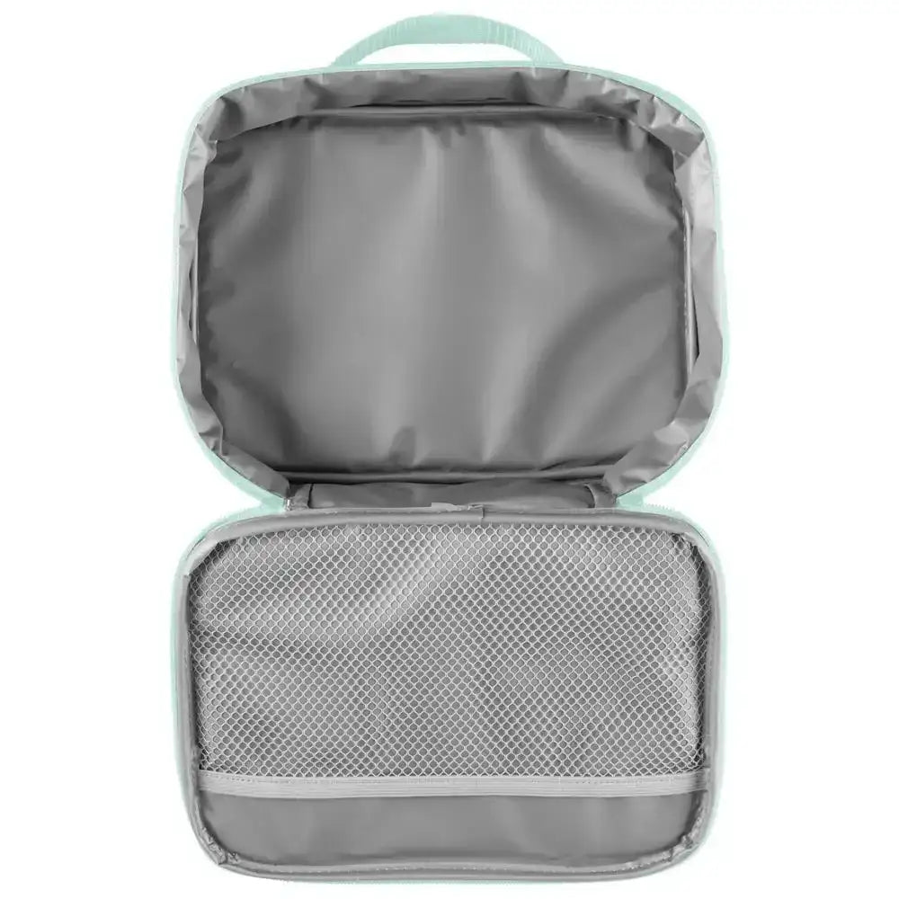 Gray travel organizer with mesh pocket on a white background