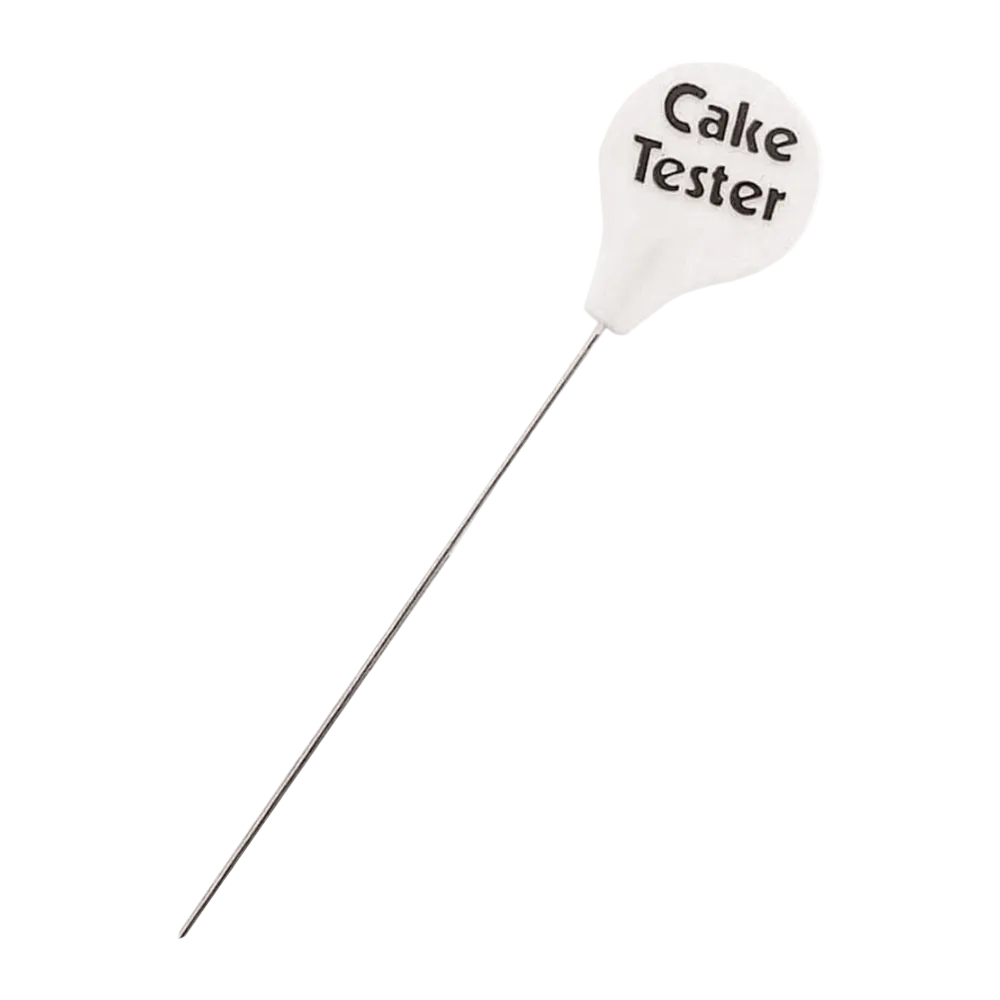 Cake tester with a white head labeled 'Cake Tester' on a white background