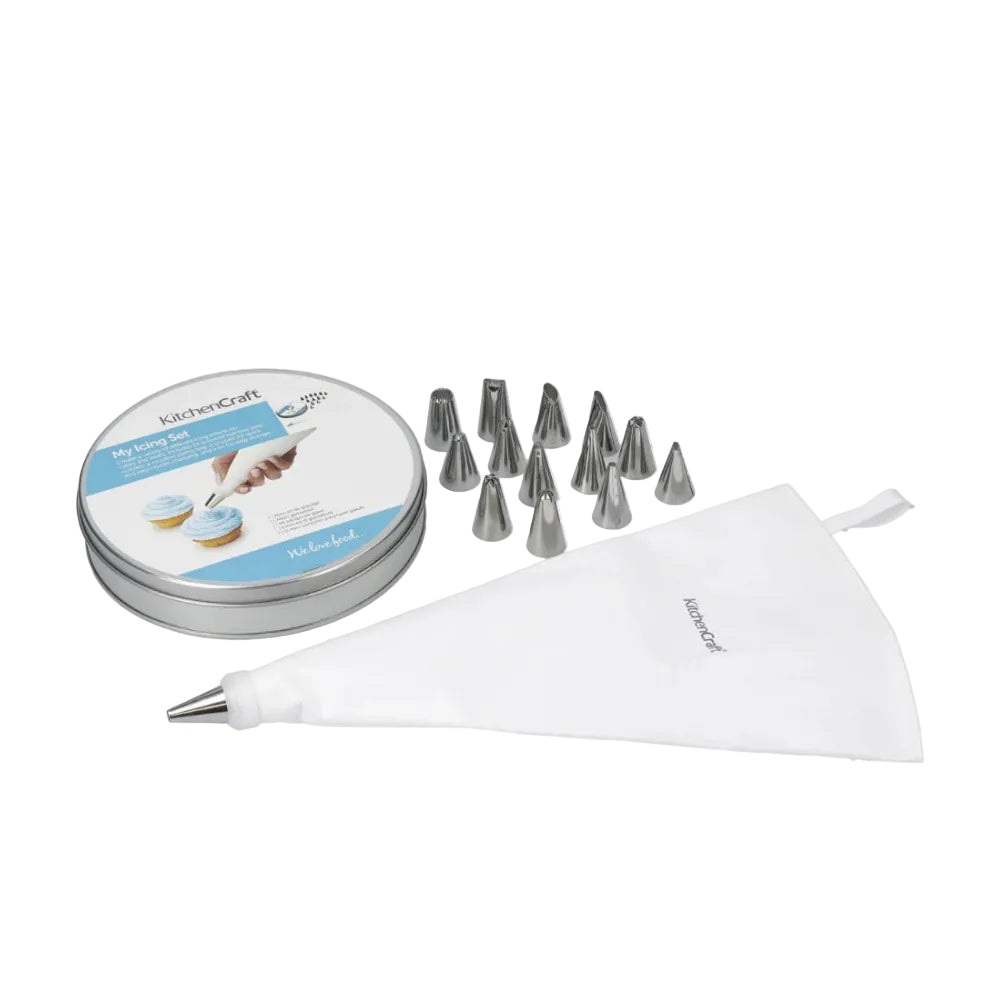 KitchenCraft piping bag set with a tin of tips on a white background