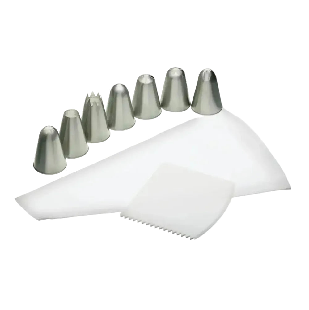 Set of metal piping tips and a white piping bag on a white background