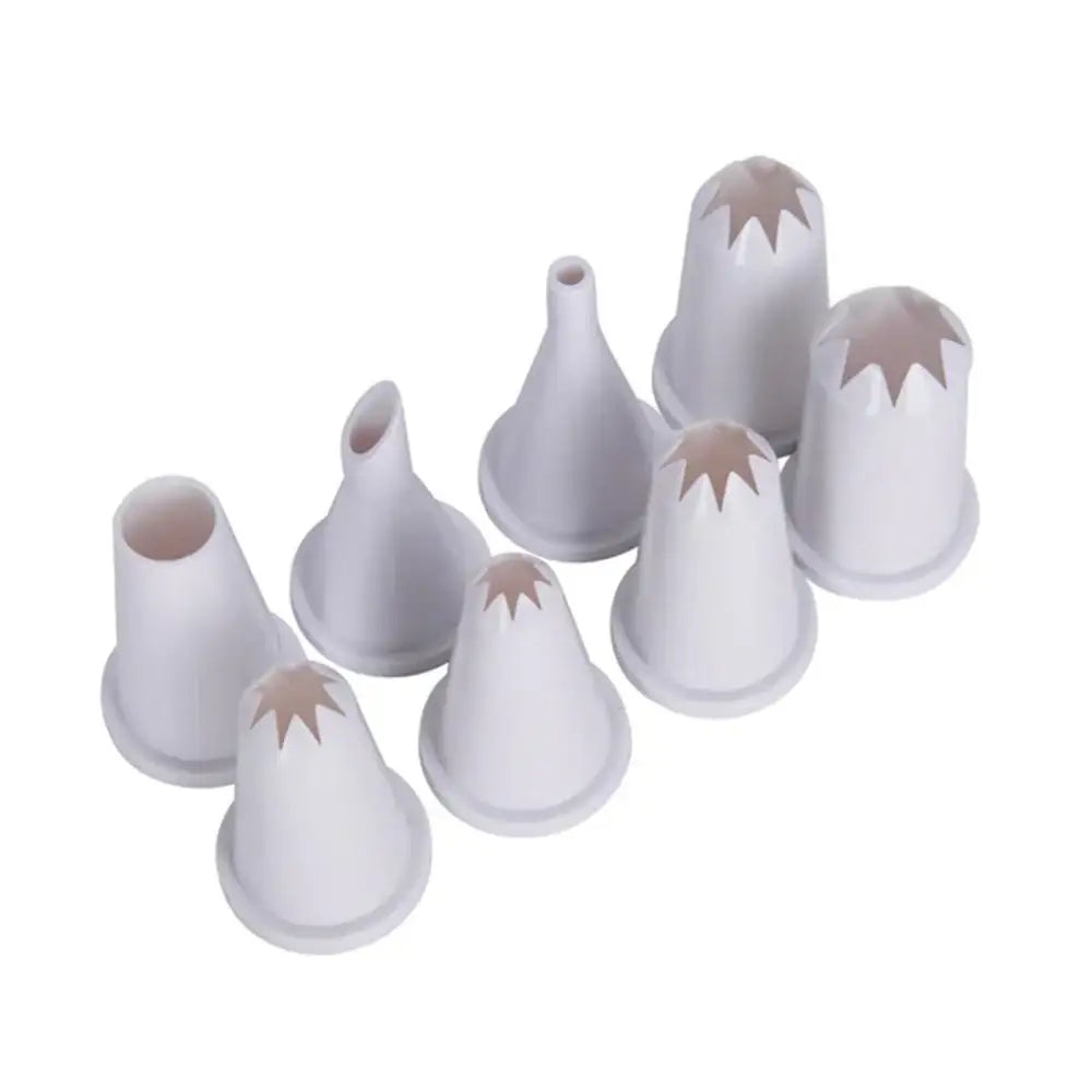 Set of white silicone cups with brown accents on a white background