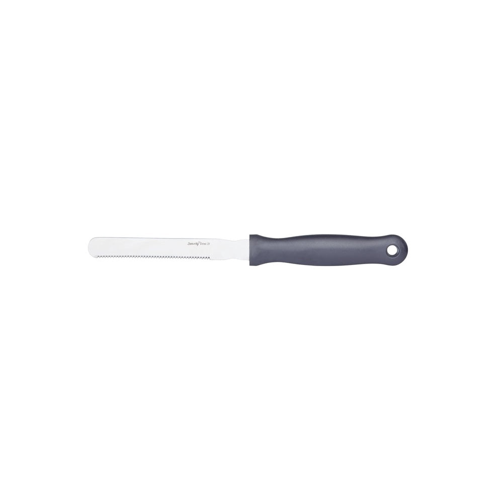 Serrated palette knife with black handle and silver blade on a white background