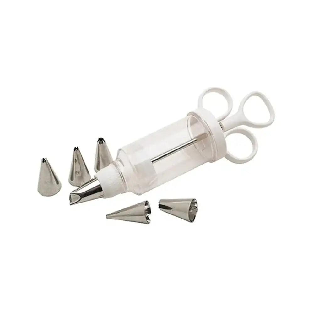 Baking tool set with a white syringe and metal tips on a white background