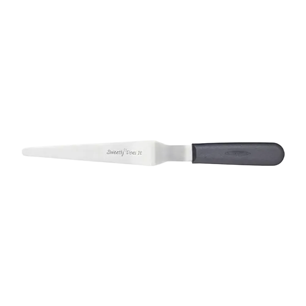 Stainless steel tapered palette kife with black handle on a white background