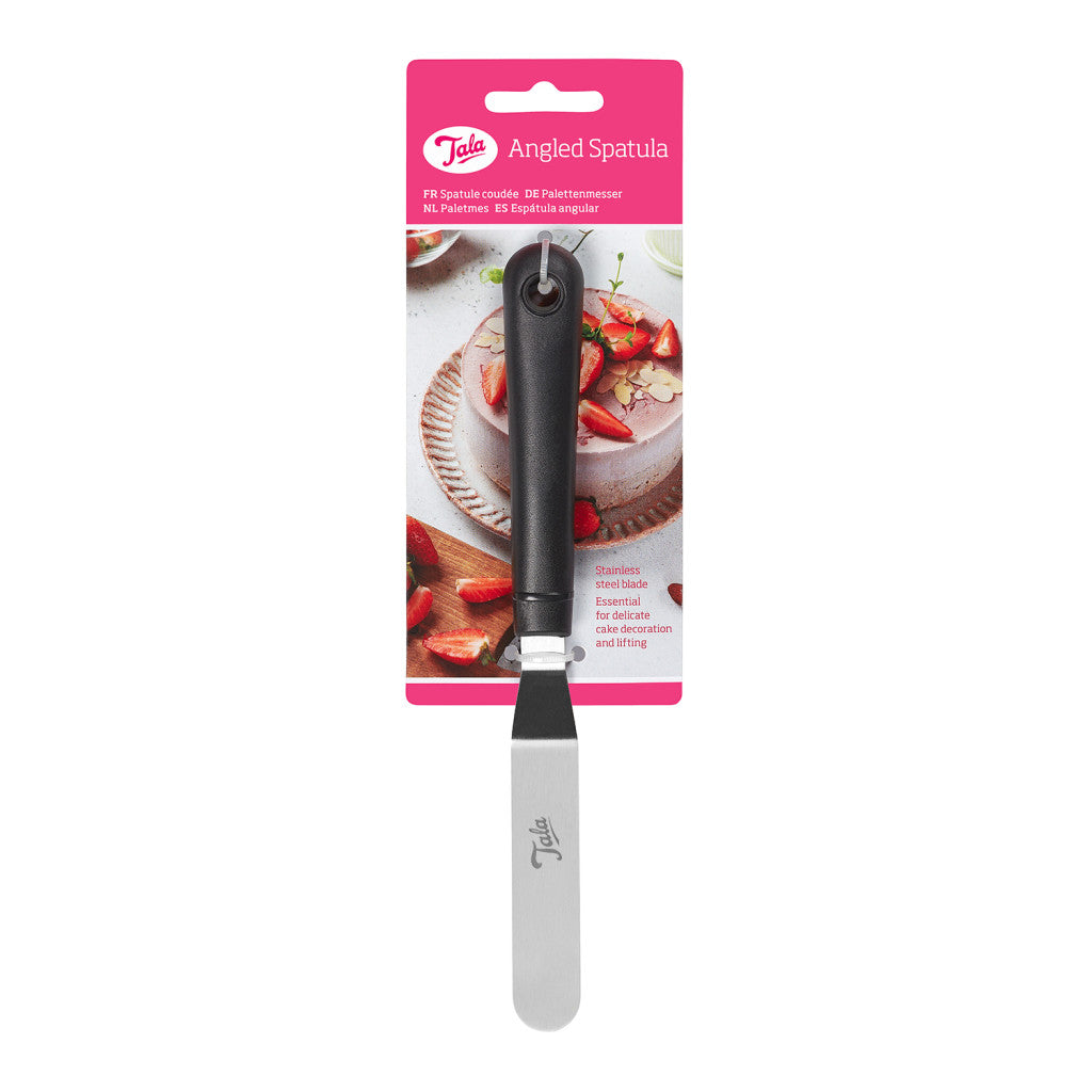 A Tala Angled Spatula pastry tool in its original retail packaging, featuring a black handle and a silver metal blade, with a pink and white card backing.