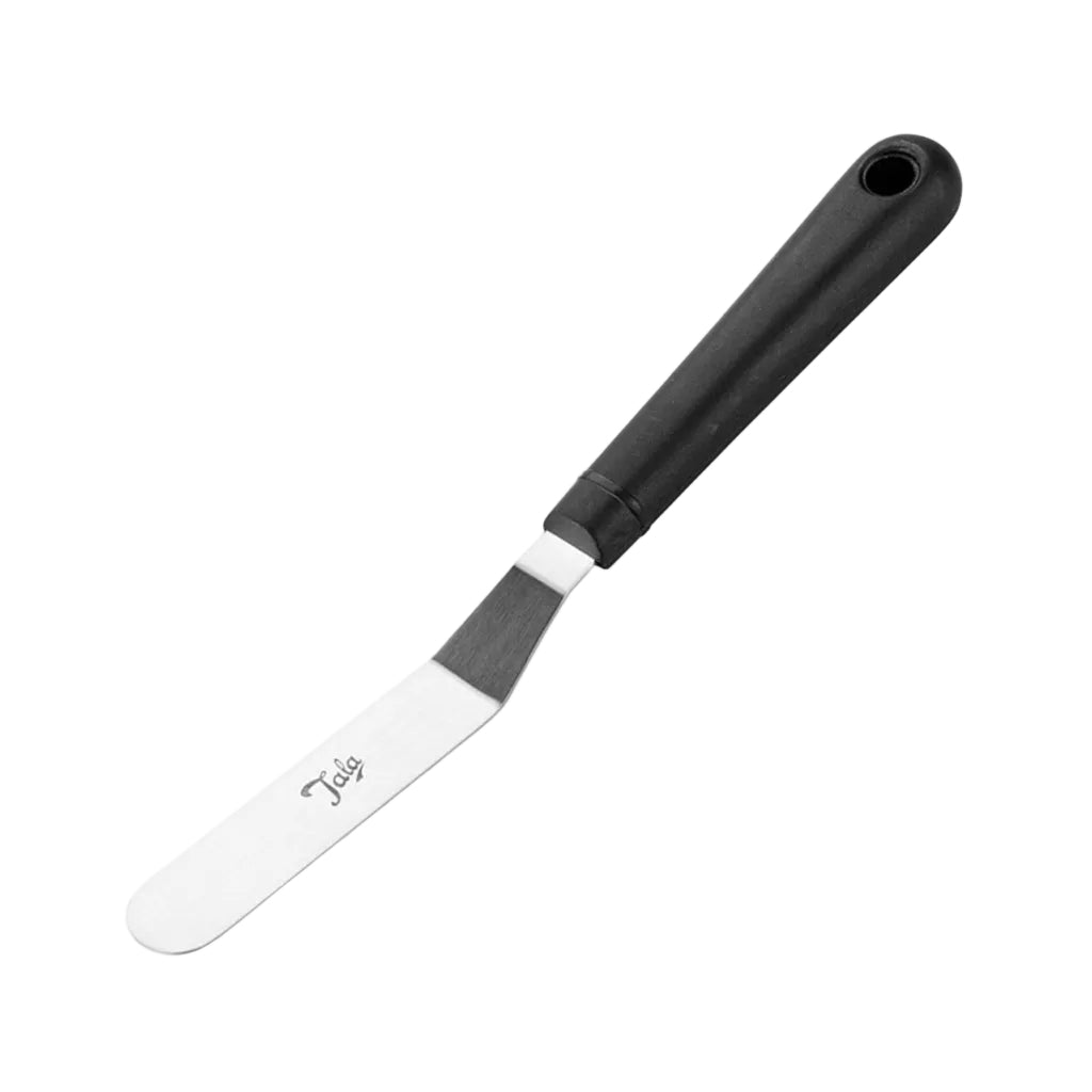 A small kitchen knife with a silver stainless steel blade and a dark navy blue handle, shown diagonally on a light off-white background. The blade is engraved with the text 'made in'.