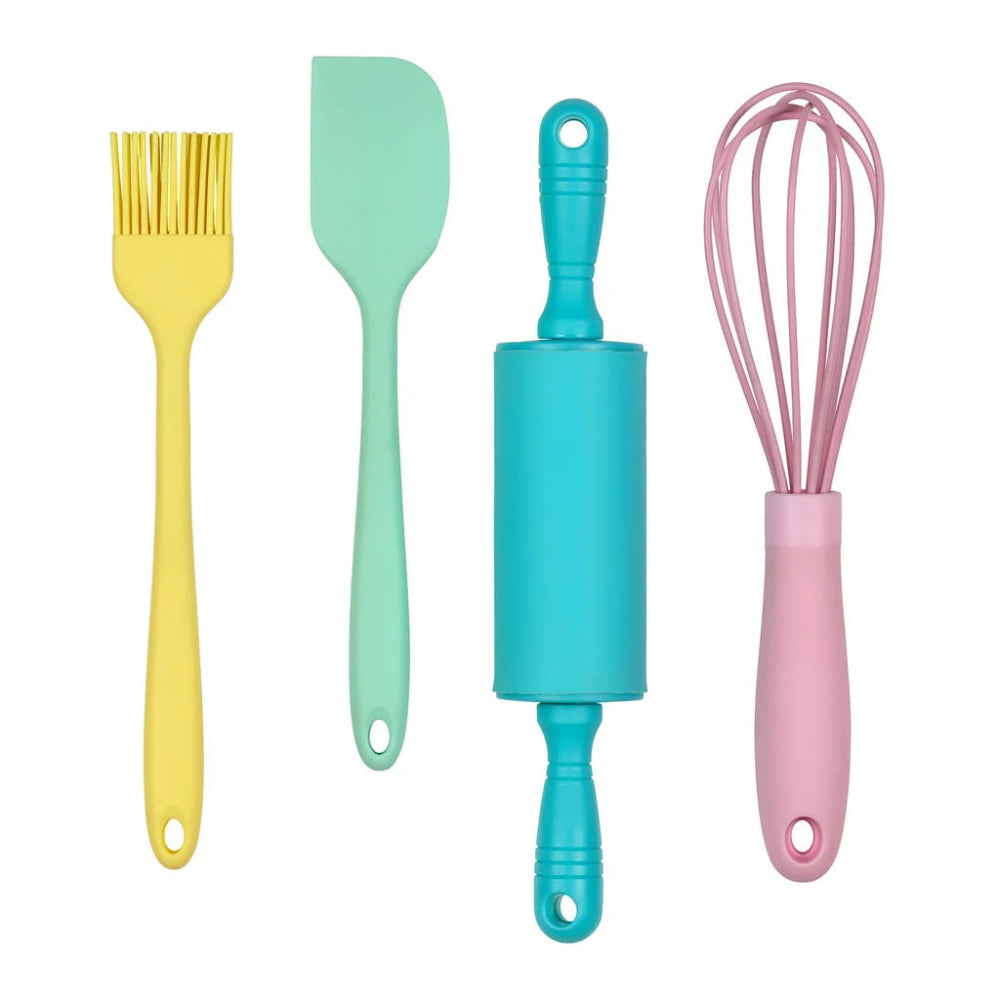 Set of four colourful silicone baking utensils on a white background.