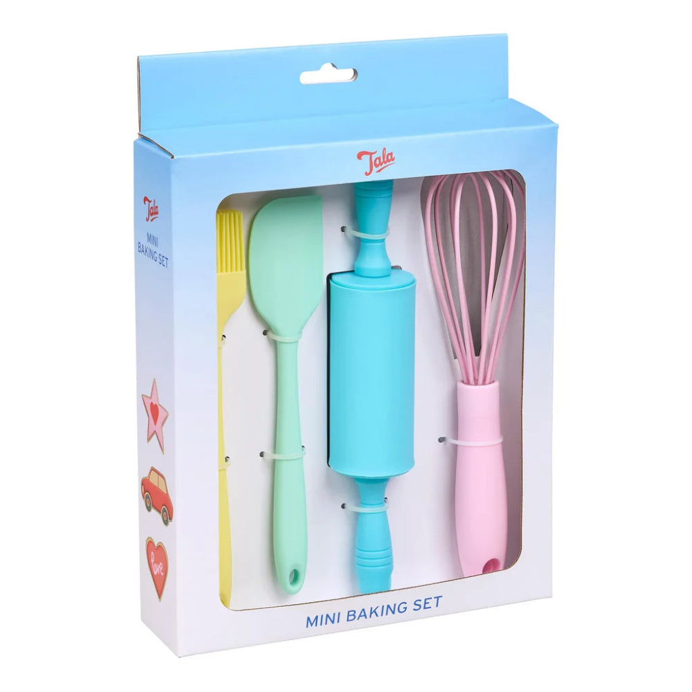 A mini baking set in its retail packaging, featuring a light blue rolling pin, a mint green spatula, and a pink whisk with yellow and pink silicone heads, displayed on a clean white background.