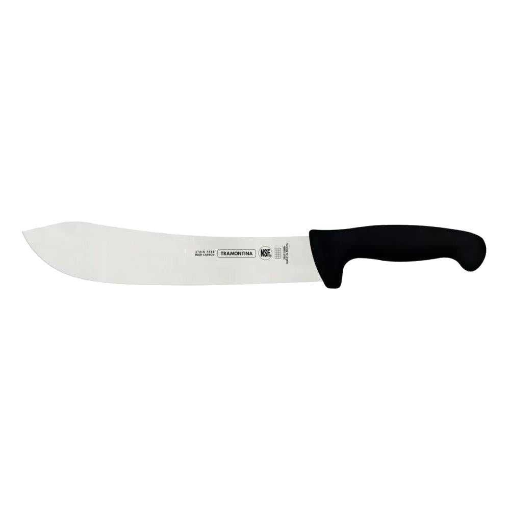 chefs knife with black handle on a white background