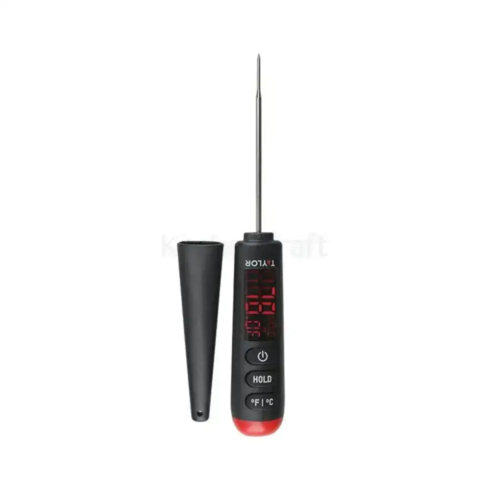 Black digital thermometer with red display on a white background