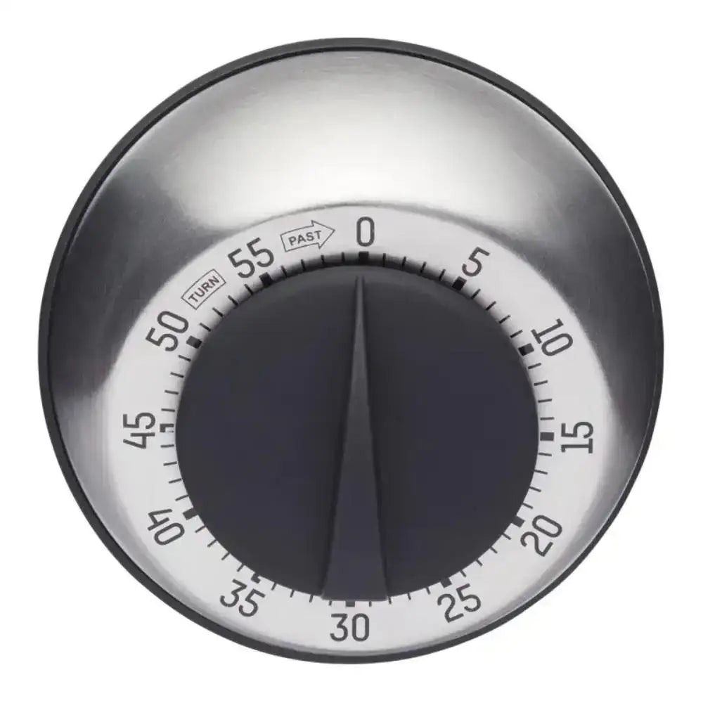 Stainless steel kitchen timer on a white background