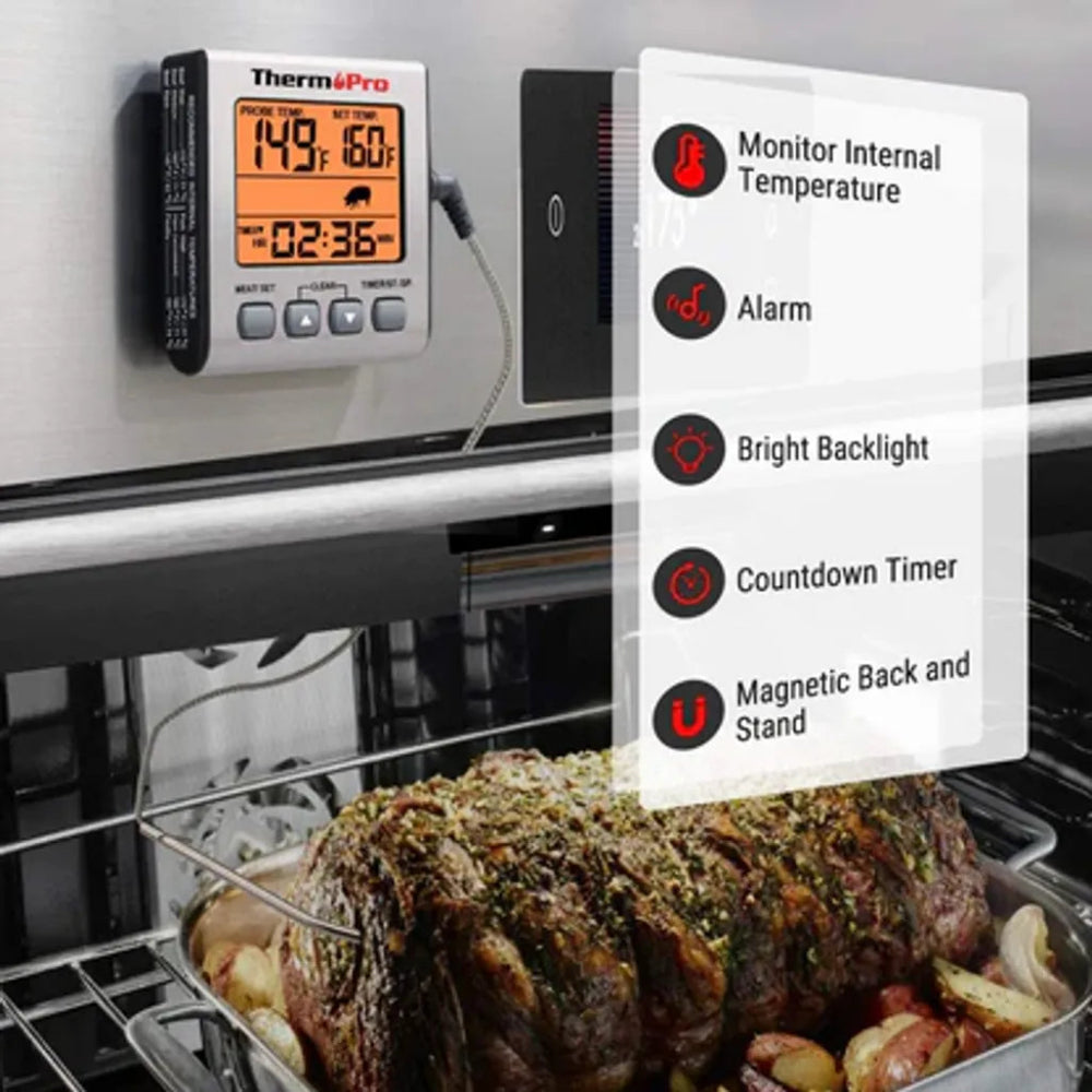 Thermopro digital thermometer monitoring a roasted meat dish in an oven.