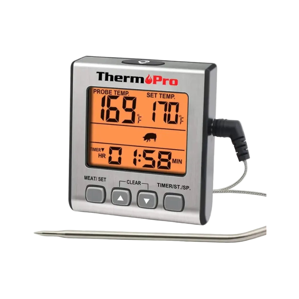 ThermPro digital meat thermometer with a stainless steel probe, orange backlit LCD display, and four gray buttons on a brushed metal faceplate, shown on a white background.