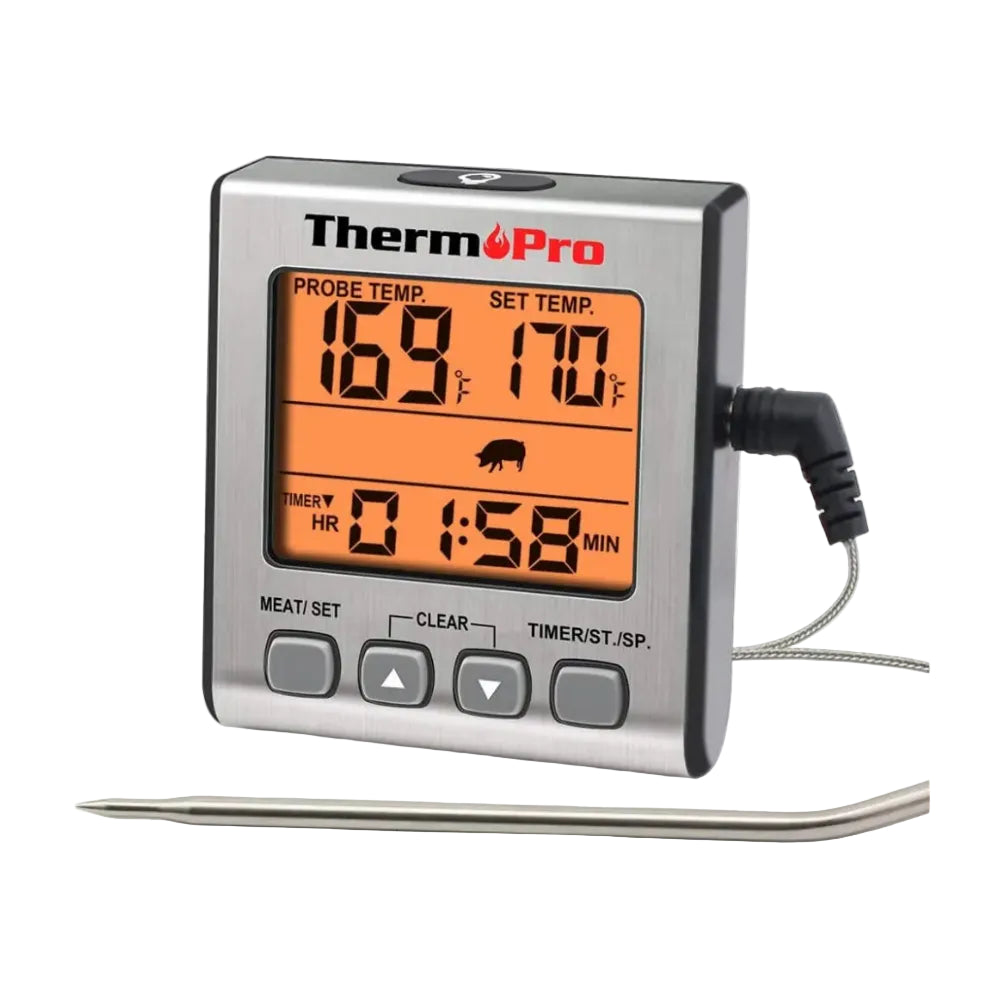 ThermPro digital meat thermometer with a stainless steel probe, orange backlit LCD display, and four gray buttons on a brushed metal faceplate, shown on a white background.