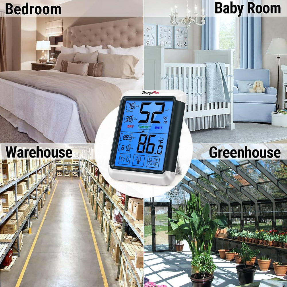Digital thermometer displayed in various settings including a bedroom, baby room, warehouse, and greenhouse.
