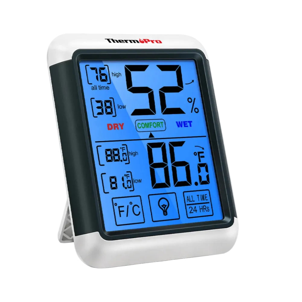 Digital thermometer with humidity display on a white background