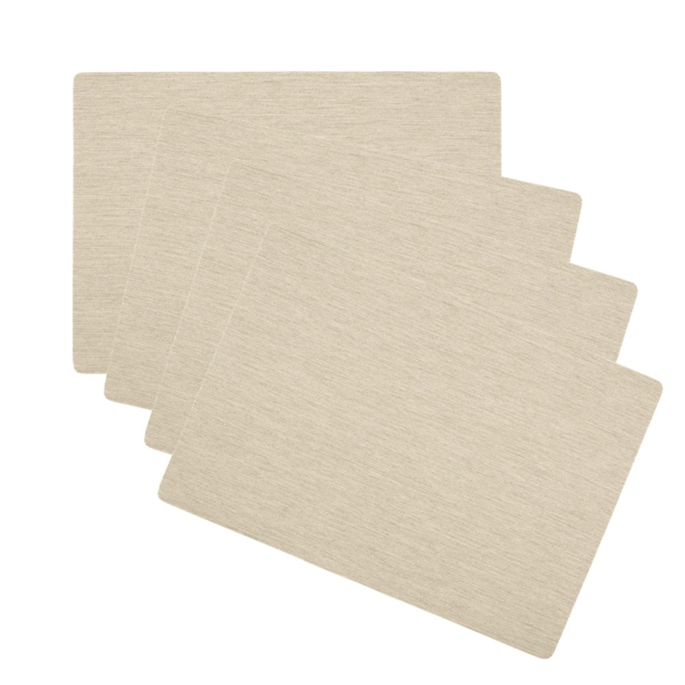 Set of four beige woven placemats on a white background
