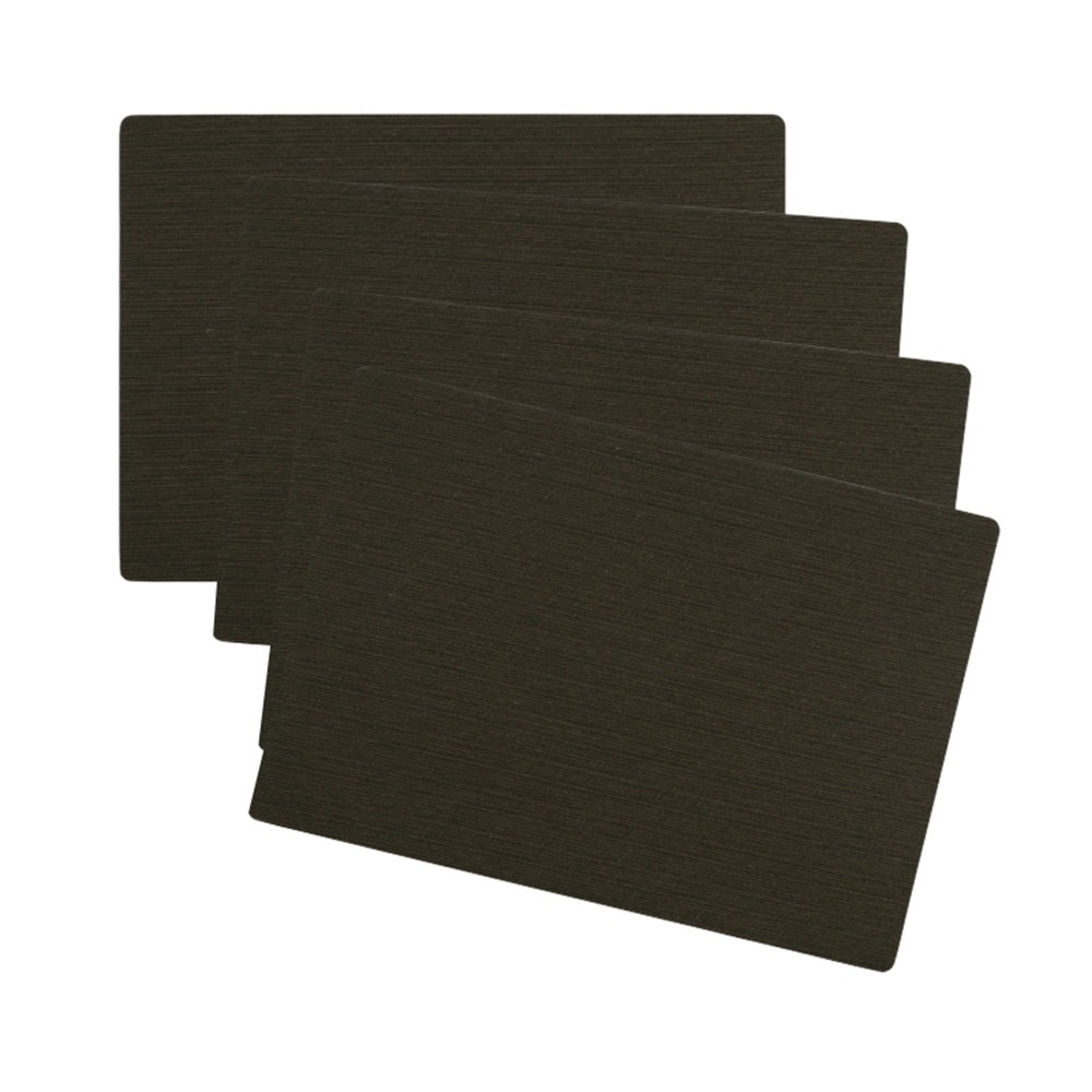 Four dark brown placemats stacked on a white background