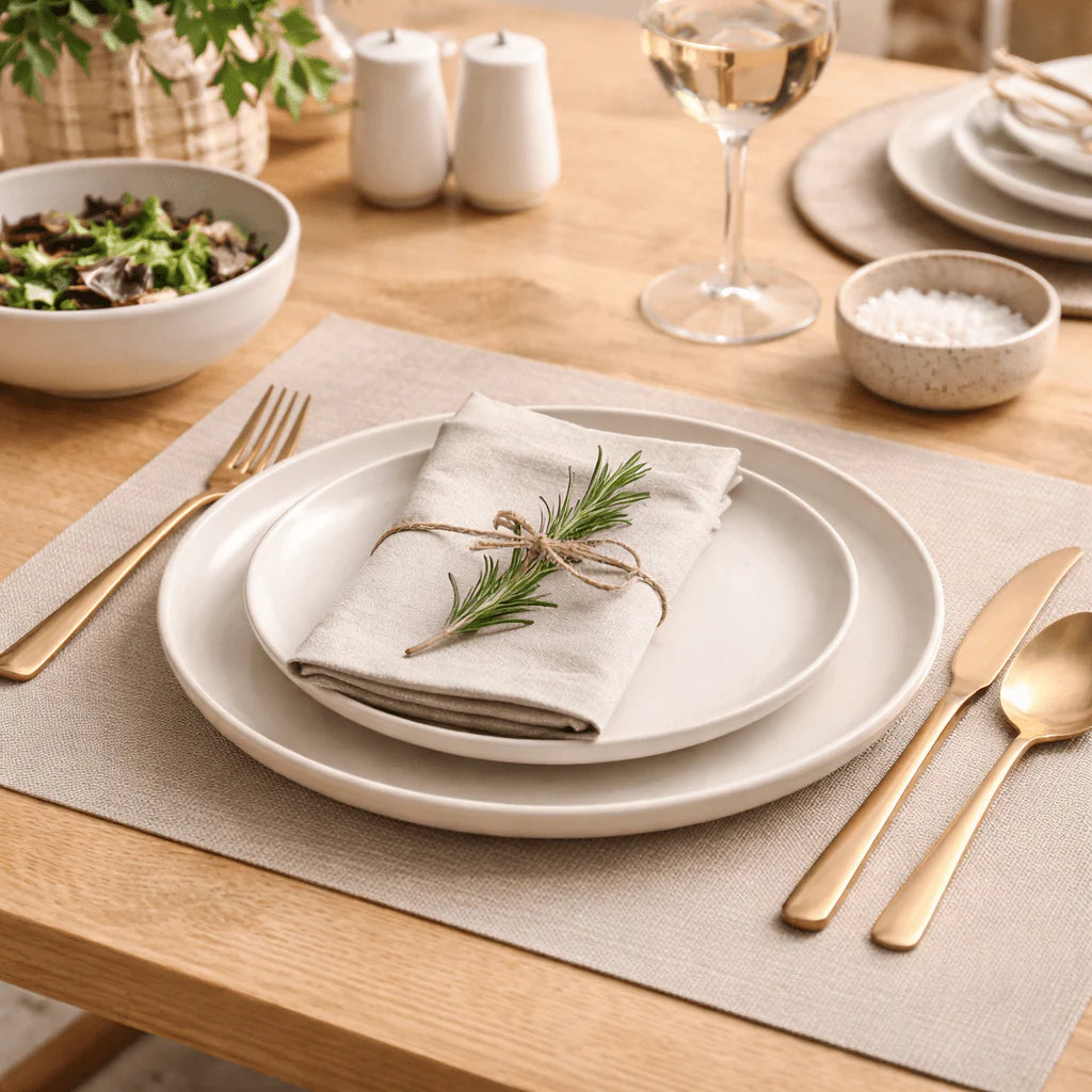 Table setting with folded napkins and beige placemats on a wooden surface 