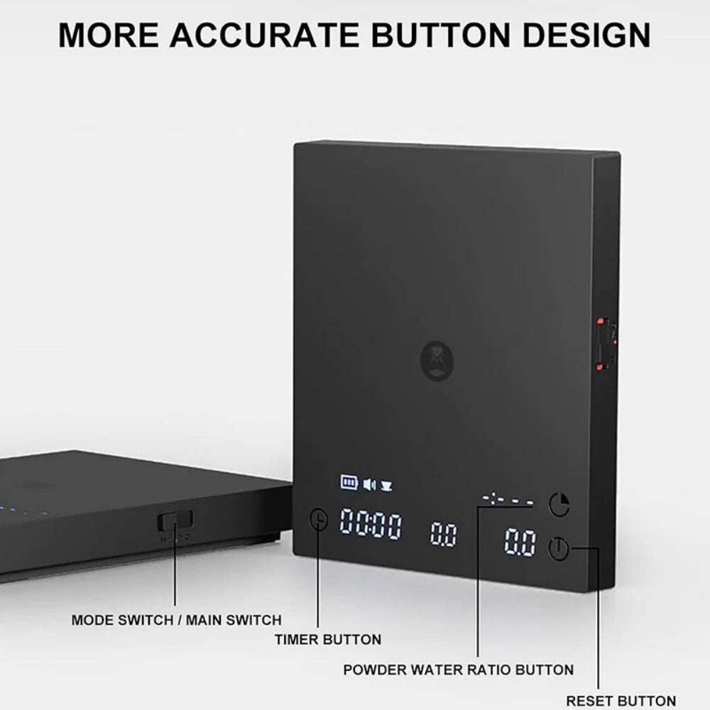 Black electronic device with labeled buttons on a white background