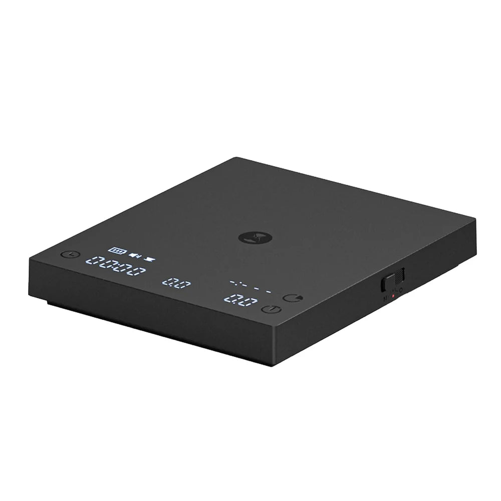 Black electronic device with digital display on a white background