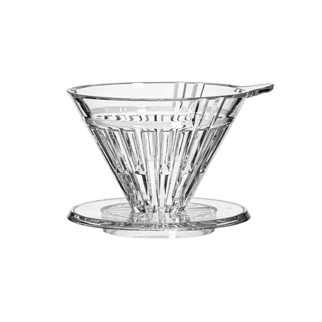 Clear glass coffee dripper on a white background