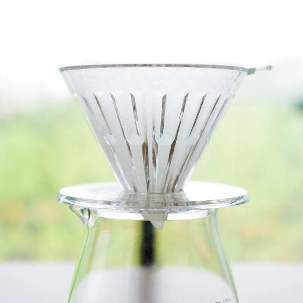 Clear coffee dripper on a blurred natural background