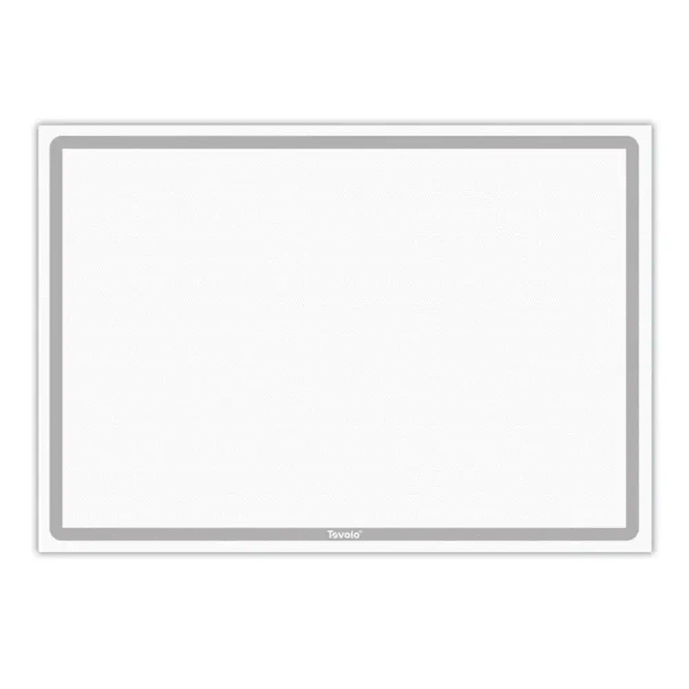 Rectangular white baking mat with a silver border on a white background