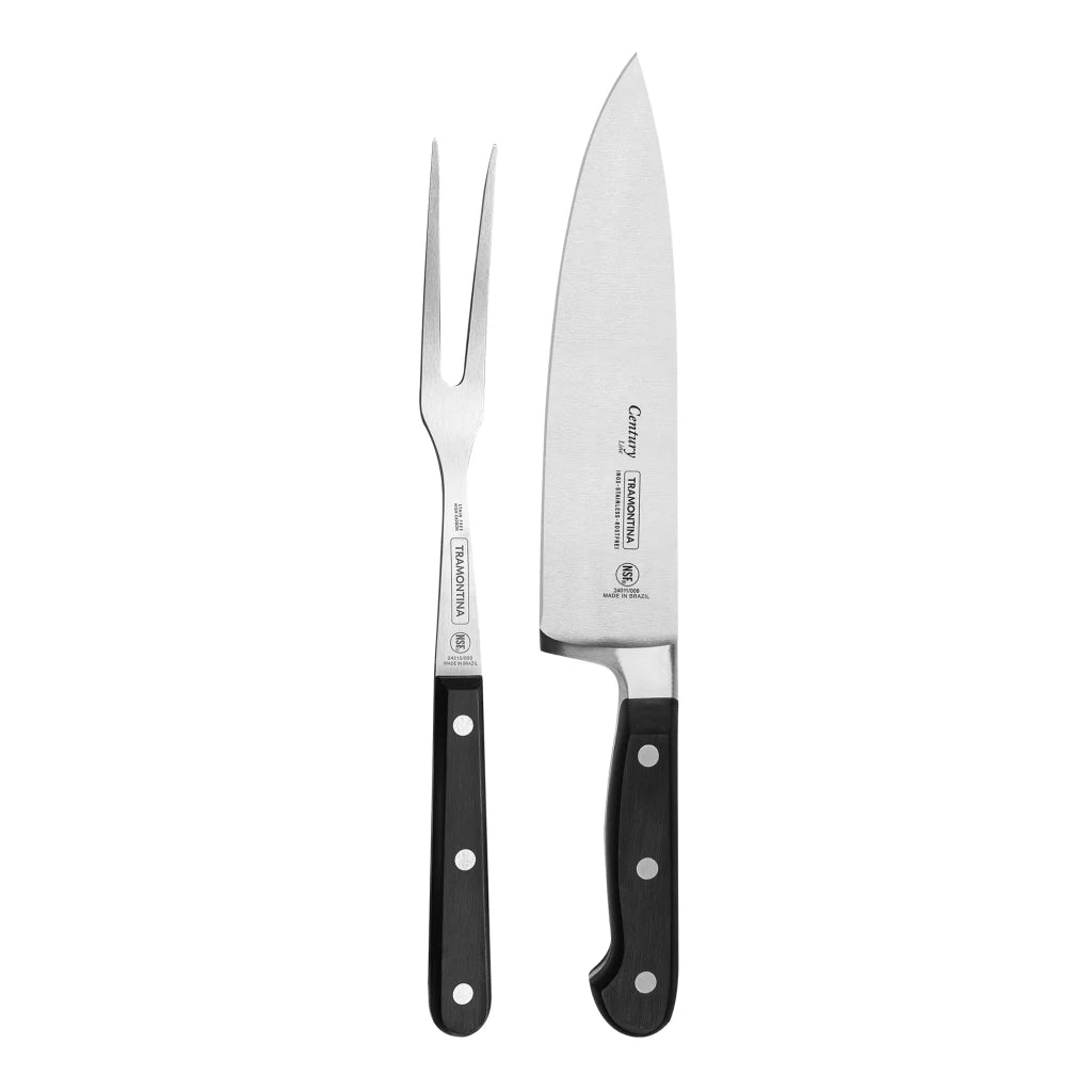 A stainless steel carving fork and a chef's knife set from Tramontina
