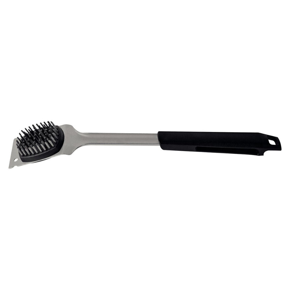 Grey grill brush and scraper with a black handle on a white background.