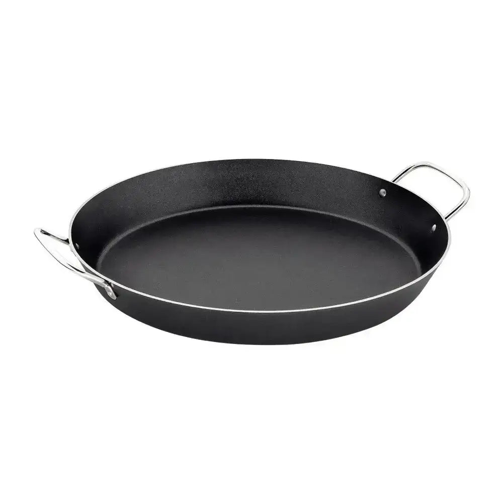 Black frying pan with handles on a white background