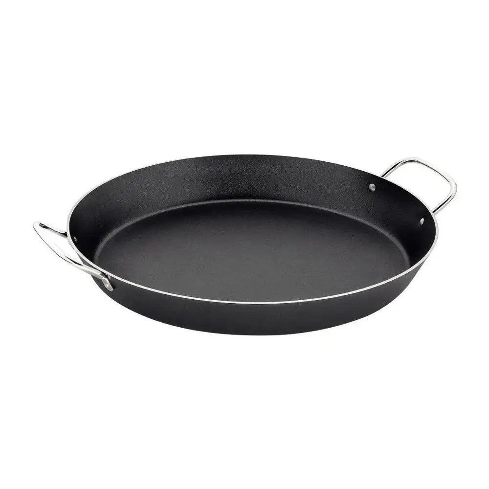 Black frying pan with handles on a white background