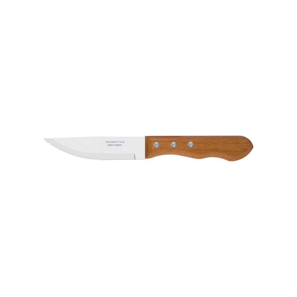 A stainless steel knife with a wooden handle on a white background