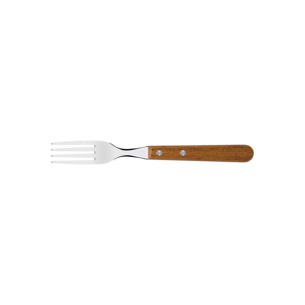 A stainless steel serving fork with a brown wooden handle secured by two silver rivets, shown horizontally against a plain white background.