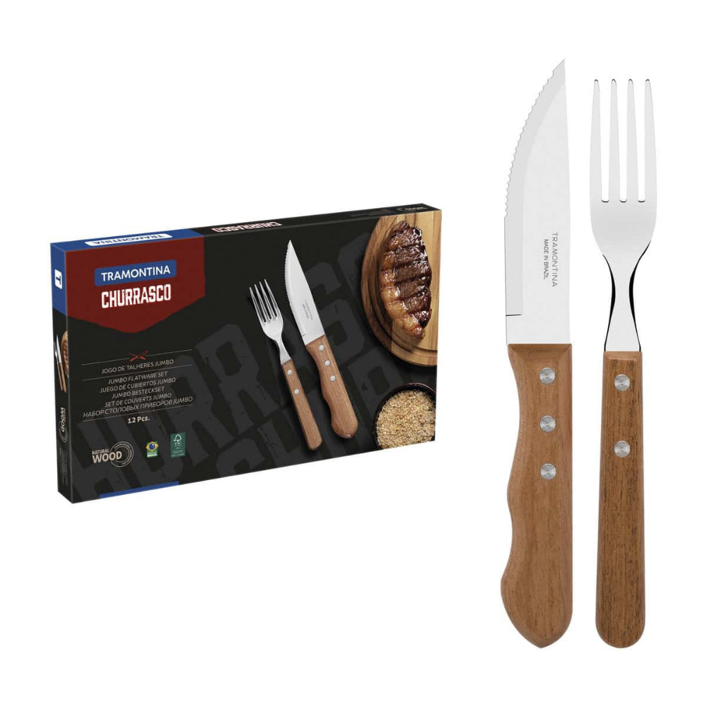 Tramontina Churrasco cutlery set with packaging on a white background