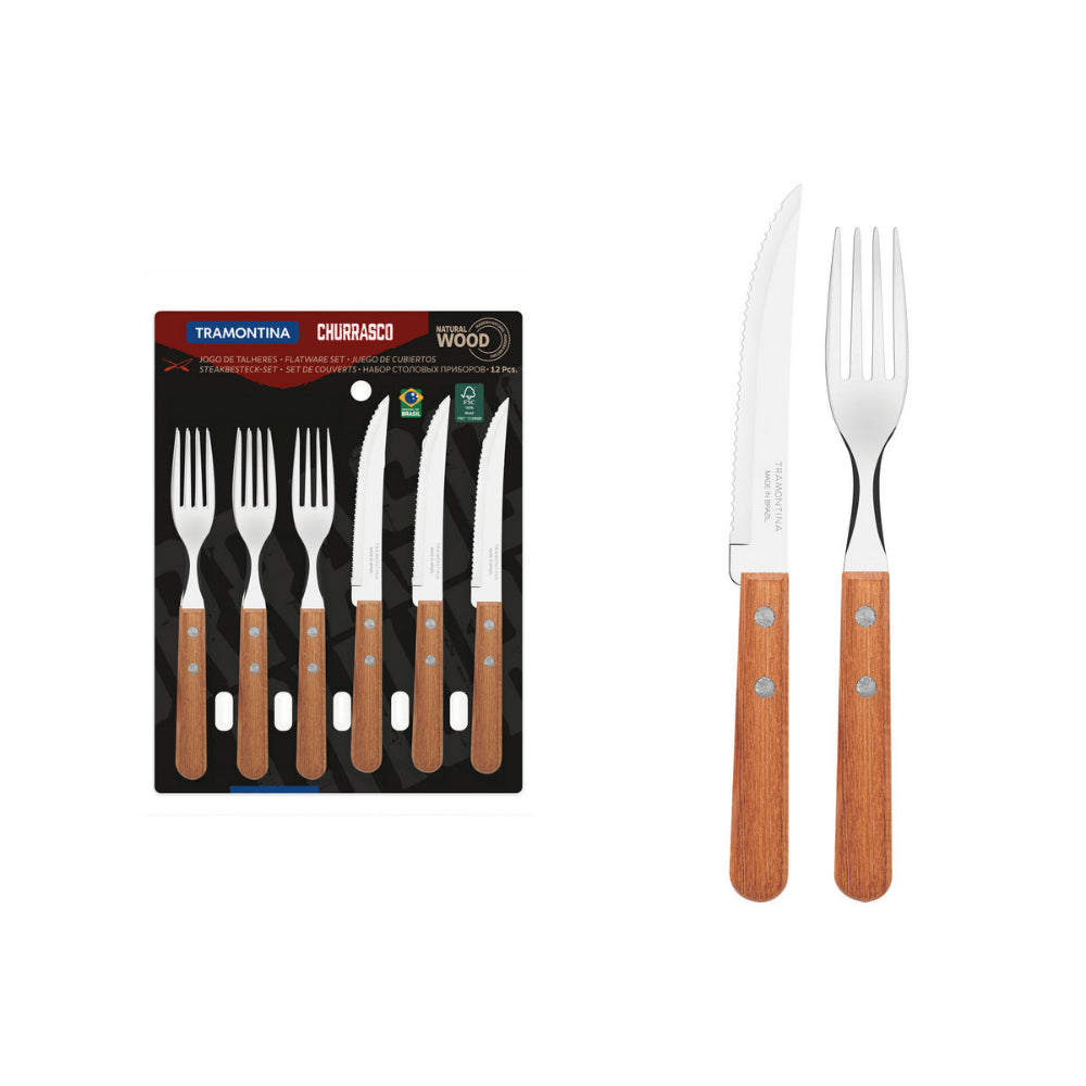Tramontina knife and fork set on a white background.